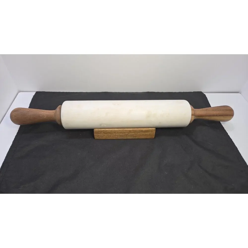 Pampered Chef White Marble Rolling Pin #1607 w/ Wood Handles & Cradle Stand